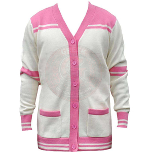 Cárdigan de punto rosa para fraternidad y hermandad, de algodón y forro polar, con logo griego bordado, cuello en V, suéter unisex de manga larga para collage. - Product Image 1