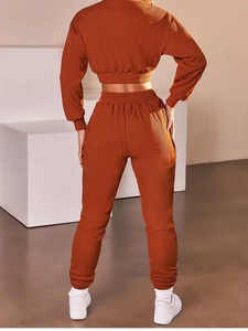 Ensemble de survêtement en molleton uni pour femme, automne, pull à manches longues, haut court et pantalon de survêtement, tenue respirante en 2 pièces - Product Image 3