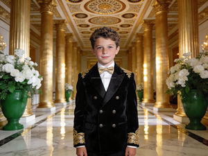 Costume de fête en velours bordeaux pour garçons avec broderie dorée Ensemble de vêtements de mariage et de cérémonie pour enfants - Product Image 3