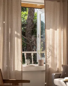 Plaid Brown <strong>Gingham</strong> Modern Checkered Panel Cotton Linen Window Drapes Eco-Friendly Customizable French Window <strong>Curtains</strong> Living - Product Image 1