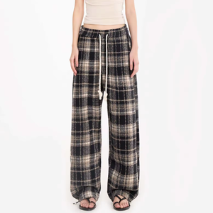 Wide Leg Plaid Pants <b>Men</b> <b>Elastic</b> <b>Waist</b> Drawstring Cotton Casual Autumn <b>Trousers</b> - Product Image 4
