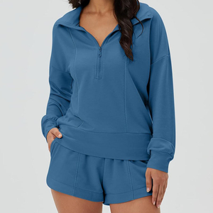 Conjunto Deportivo Casual de 2 Piezas para Mujer, Sudadera de Felpa de Algodón, Pantalones Cortos, Cierre de Media Cremallera, Cuello en V, Holgado, Suave, Color Sólido - Product Image 4