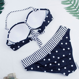 Women's Bikini Set <b>Crossed</b> Halter <b>Top</b> High Waist Bottom Striped Contrast Binding Spandex Polyester Stretch Swimwear - Product Image 5