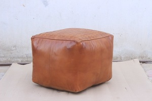 Luxury Handmade Leather <b>Pouf</b> with Cushion Style Ottoman Footstool for Living Room Soft Comfortable Seating - Product Image 2