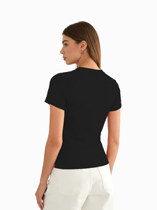 Women's Black Slim Fit Crew Neck T-Shirt Custom Logo Printed Casual Short Sleeve Woven Solid Design Premium Summer - Product Image 5