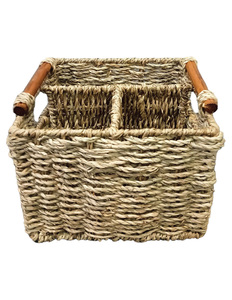 Panier de rangement écologique en jacinthe d'eau, rectangulaire, tissé, avec poignées en bois, pour la maison et la salle de bain - Product Image 3