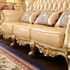 Ensemble de canapé-lit en bois d'acajou classique européen Plaza avec revêtement en tissu crème doré écologique, durable et confortable - Product Image 6