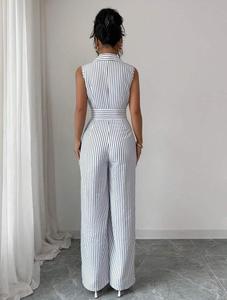 Combinaison à rayures sans manches pour femmes, à jambes larges, avec col à revers - Product Image 6