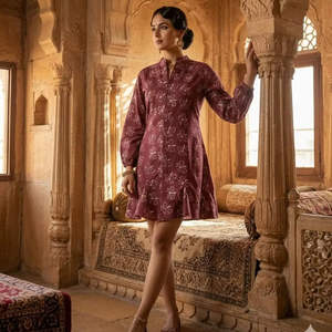 Vestido Túnica Midi con Estampado Floral Granate, Cuello Mandarín, Algodón, Verano, Estilo Étnico Bohemio para Mujer, Prenda Artesanal India, Cintura Natural - Product Image 5