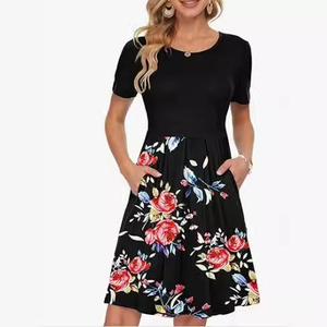 Robe midi décontractée vintage pour femme, printemps-été, à manches courtes, imprimé numérique, taille naturelle, silhouette trapèze, poches décontractées - Product Image 2