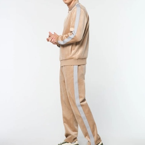 Survêtement beige pour homme, couleur unie, vêtements de sport décontractés, manches longues, fermeture éclair, poches latérales, col montant, vêtements d'hiver, 100% coton - Product Image 3