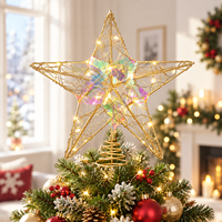 Décor de Noël : Étoile dorée à cinq branches pour le sommet de l'arbre, fonctionnant sur piles, avec centre en cristal holographique et LED blanc chaud