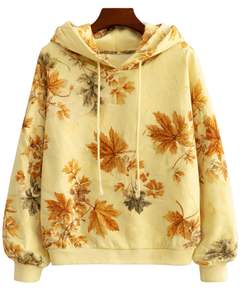 Sweat à capuche personnalisé pour femme, imprimé feuilles d'automne jaune clair, en molleton de coton, pull décontracté, fabricant sur mesure, fournisseur de vêtements en gros - Product Image 1