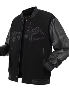 Customized High Quality 100% Cotton Embroidered Varsity <b>Jacket</b> <b>Men's</b> Black PU Leather Sleeve Casual Zipper Front Regular Fit OEM - Product Image 1