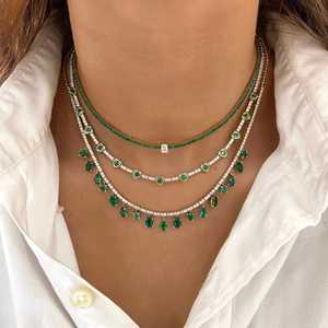 Collier tennis émeraude verte et diamant, chaîne superposée classique avec diamants de laboratoire ronds, bijoux de luxe en or massif 14K 18K, vente en gros - Product Image 2