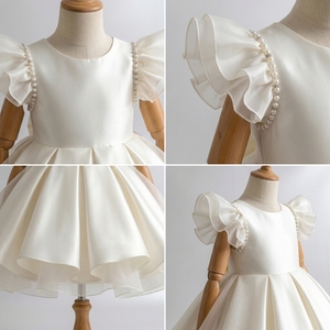Robe de Soirée de Luxe pour Filles Radiance, en Satin Ivoire avec Manches à Volants et Bordure de Perles, Robe de Fête pour Enfants, Vêtements d'Occasion, Personnalisable OEM ODM - Product Image 2