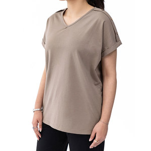 Camiseta de Cuello en V para Mujer, la Más Popular, Mezcla de Algodón Suave, Corte Ajustado, Manga Corta, Estilo Básico Informal, Fabricante Mayorista OEM ODM - Product Image 2