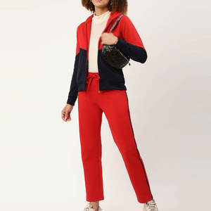 Women Red <b>Black</b> Color Blocking Hooded Tracksuit Full Sleeve Zipper Casual <b>Pants</b> Set Breathable 100% Polyester Premium Quality - Product Image 2