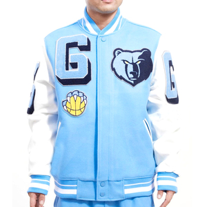 Veste varsity bleu clair pour homme avec patch ours et applique lettre G, style preppy, boutonnée devant - Product Image 2