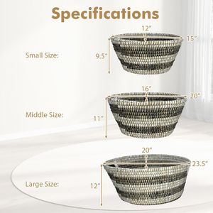 Paniers de rangement en jonc de mer, lot de 3 bacs empilables avec poignées creuses, organisation tressée naturelle pour la maison - Product Image 5