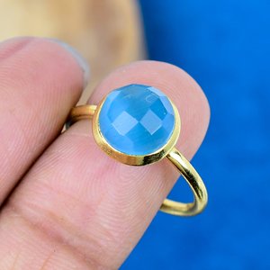 Natural Blue Chalcedony Shape Round Cut Gemstone 18k Gold Plated Bezel Handmade Minimalist <b>Ring</b> For Women - Product Image 1