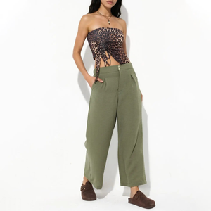Pantalon plissé décontracté pour femme, taille haute, jambe large, longueur cheville, vert olive uni, en coton, coupe ample, braguette boutonnée, style été - Product Image 3