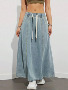 Harajuku Denim <b>Skirt</b> y2k Aesthetic <b>Elastic</b> Drawstring High Waist A Line Flare Jean <b>Skirt</b> Ladies Vintage <b>Skirts</b> Streetwear - Product Image 4