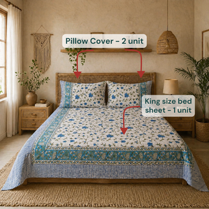 Jaipur Handmade Block Printed Intricate Floral Breathable Eco-Friendly Bedsheet Set 3 PC <b>King</b> <b>Size</b> 100% Cotton 200TC Machine - Product Image 6