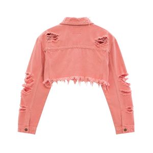 Pink Distressed Denim Cropped Bolero <b>Jacket</b> Women Long Sleeve Casual Outerwear Fashion Short <b>Jacket</b> Streetwear Trendy Apparel - Product Image 2