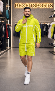 REXFIT SPORTS 2026 Custom Neon Lime <b>Nylon</b> Tracksuit Set Hooded Windbreaker Jacket and Long <b>Shorts</b> Private Label Sportswear - Product Image 3