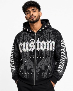 Custom Black Graphic Rhinestone Zipper Hoodie Trendy Streetwear Design Embellished Details Full <b>Zip</b> Stylish Wear For Unisex - Product Image 3