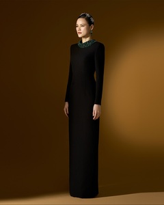 Elegant Black Polyester <b>Plus</b> <b>Size</b> Long Sleeve Floor Length Dress High Neck Beaded Traditional Chinese Women's Evening Party Wear - Product Image 1