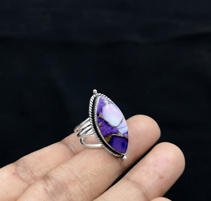 Anillo Marquise de Jaspe Dahlia Morado, Cabujón de Piedra Preciosa Blanca Lavanda, Joyería Vintage de Tono Plateado Estilo Suroeste - Product Image 6