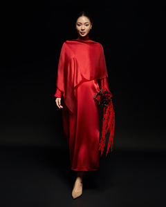 <b>Red</b> <b>Silk</b> Organza Woven Crew Neck Full Sleeve Loose Waist Minimalist Fancy Formal Cocktail Side Slit Summer Daily OEM Midi Dress - Product Image 1