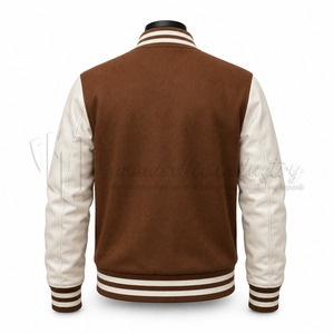 Chaqueta Varsity Personalizada de Lana Marrón con Mangas de Cuero PU Blanco, Resistente al Viento, Ecológica, Unisex, Diseño Invernal, Fabricante Mayorista OEM - Product Image 2
