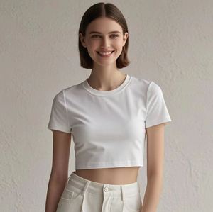 Customized Women Slim Fit <b>Crop</b> <b>Top</b> Stretchy Baby Tee Neck Embroidery Printed Fitness Cropped Mock Neck Style T-Shirt - Product Image 2