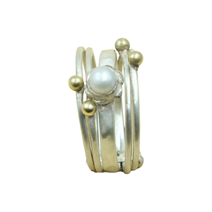 Natural Pearl <b>Ring</b> 925 Sterling <b>Silver</b> and Brass Handmade Statement <b>Ring</b> Multi Band <b>Stack</b> <b>Ring</b> Minimalist Pearl Jewelry Gift Her - Product Image 1