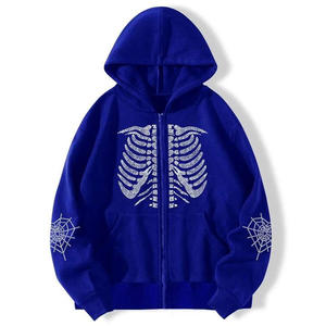 Sudaderas con capucha de cremallera completa para hombre con pedrería - 100% algodón, de alto gramaje, LOGO personalizado, sin cordón, sudaderas con capucha de calavera con pedrería extragrandes - Product Image 1