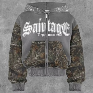 Sweat à capuche personnalisé brodé de strass pour homme, épais, à double fermeture éclair, effet délavé soleil, streetwear de haute qualité 100% - Product Image 2