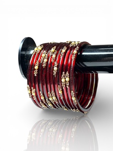 Viral Trendy Gold Plated Kashmiri Dark <b>Red</b> Glass Bangles with Emerald Cut Pearl Work for Wedding & Occasion Wear - Product Image 4