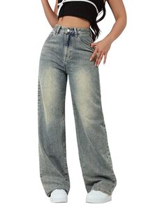 Jean en denim pour femme, coupe droite, taille mi-haute, jambe large, 100% coton, style vintage, décontracté, coupe régulière, avec ceinture - Product Image 1