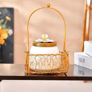 Élégant pot de rangement en métal avec poignée en fil doré, forme ronde, anti-poussière, décoration de salon - Product Image 1