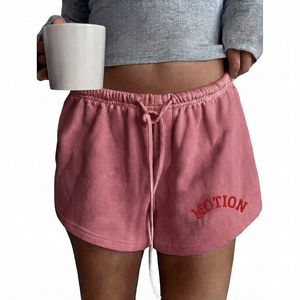 Pink <b>Athletic</b> Embroidered Drawstring Shorts Casual Knitted Cotton Women's Shorts Mid Waist Regular Fit - Product Image 3