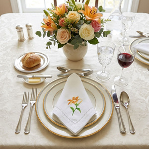Serviette de table carrée en lin personnalisée, blanche, brodée de fleurs de lys, ourlet festonné, faite à la main, lavable en machine, durable, pour avion et maison - Product Image 1