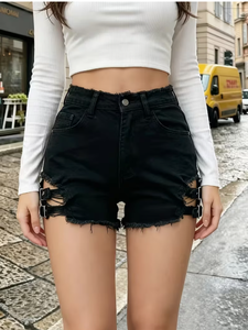 Shorts de Mezclilla Negros de Cintura Alta para Mujer, Marca TRIBON SPORTS, con Detalle de Hebilla, Corte Ajustado, Desgastados, de Secado Rápido, Estilo Veraniego - Product Image 3