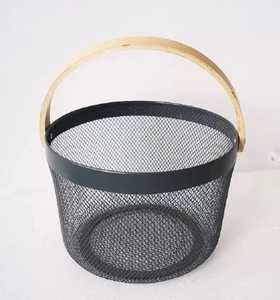 Set of 2 Industrial Metal <b>Wire</b> <b>Baskets</b> with Burlap Accent Straps Round Tapered Iron Storage Bins for Farmhouse Home Organization - Product Image 4