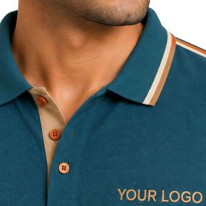 Premium Teal Blue Mens <b>Polo</b> Shirt With Beige And <b>Orange</b> Contrast Collar Shoulder Line And Sleeve Trim Custom Logo Short Sleeve - Product Image 6