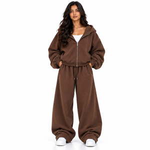 Women's Oversized Hoodie Tracksuit Brown 100% Cotton Wide Leg Trousers Full <b>Zip</b> <b>Hooded</b> Jacket Custom Logo Winter Wear Set - Product Image 2
