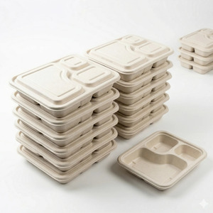 Barquette alimentaire jetable 3 compartiments en pulpe moulée la plus demandée avec couvercle, emballage alimentaire écologique en pulpe naturelle pour la restauration à emporter - Product Image 2