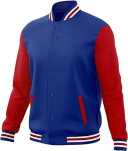 Chaqueta Varsity Clásica Azul y Roja con Ribete en Contraste, Cuello Redondo, para Adultos, Chaqueta Bomber Ligera para Otoño - Product Image 2